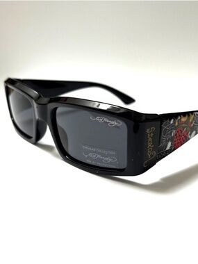 New ED HARDY Sunglasses Slim Rectangle Rhinestone Heart Acetate Black Tattoo